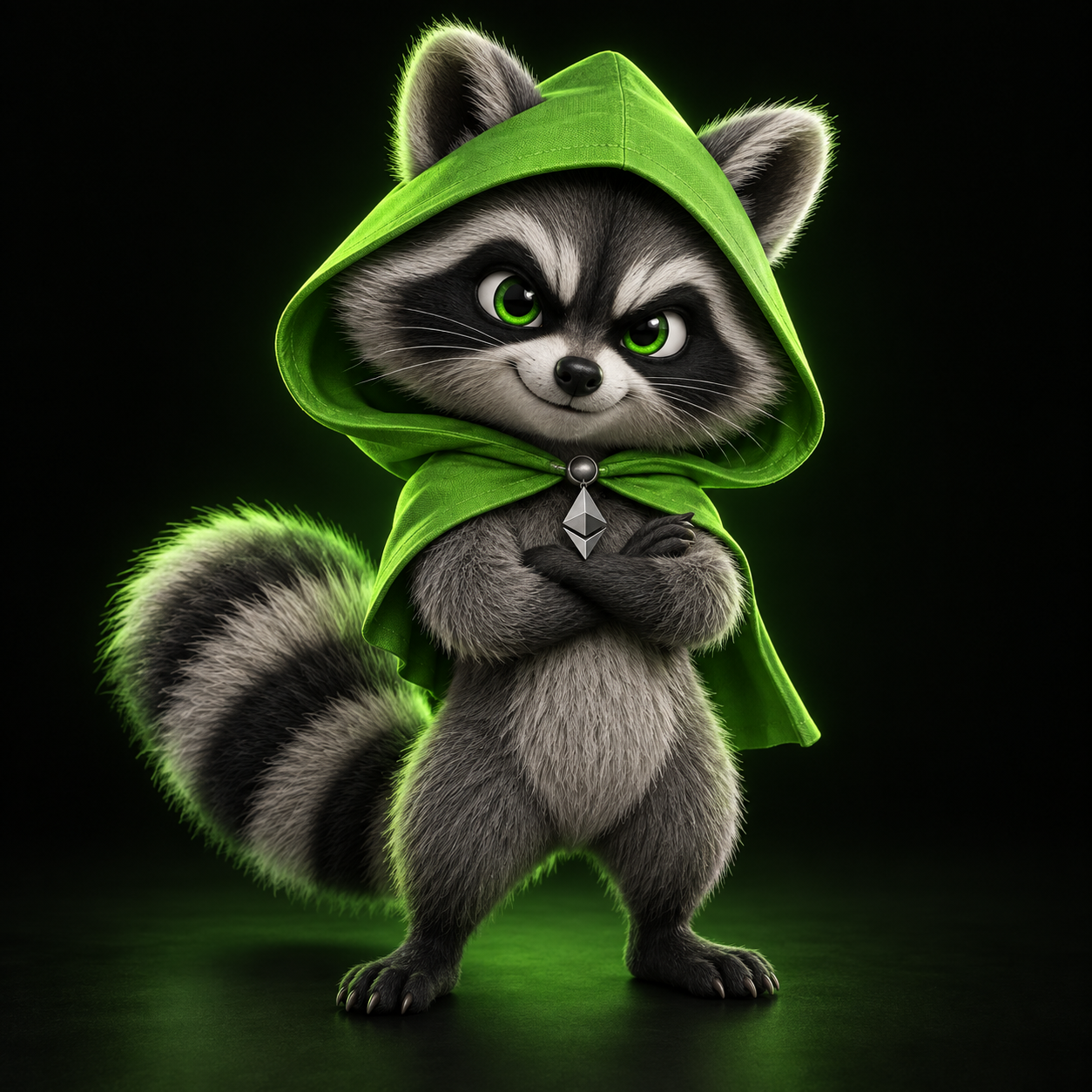 Veyracco, a mischievous raccoon wearing a lime green hood and an Ethereum pendant